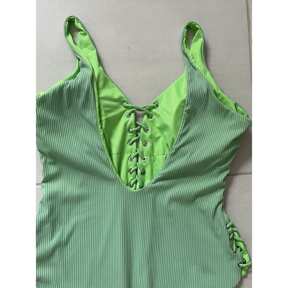 Coastal Waves Swim One Piece Swimsuit Ribbed Lace Up Swimwear - Picture 8 of 12